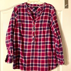 Lands End flannel shirt. Size 8. Cranberry and navy plaid